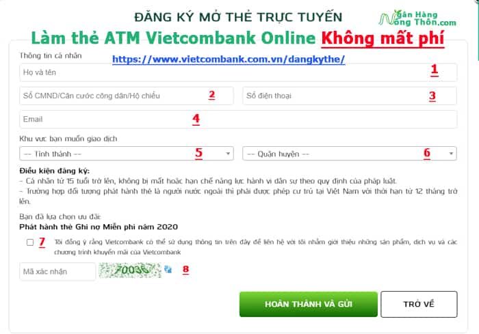 Hướng dẫn làm thẻ ATM Vietcombank Online Không mất phí