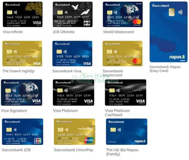 Các loại thẻ ATM Sacombank màu Cam, xanh lá, vàng và biểu phí thẻ 2022