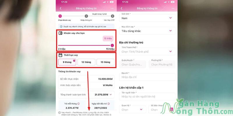 Điền thông tin vay trên Momo