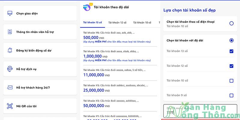 Chọn số tài khoảng mình muốn