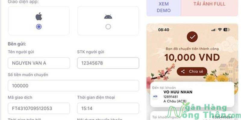 Web tạo fake bill chuyển khoản ngân hàng thành công với thao tác đơn giản