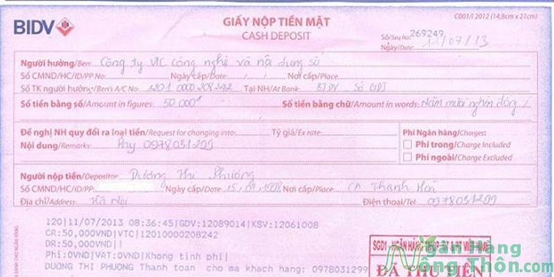 Hình ảnh bill chuyển khoản BIDV bằng giấy