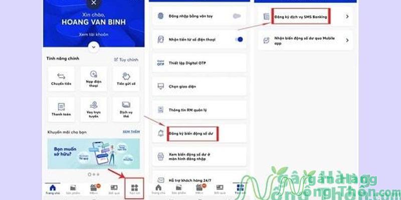 vào mục Tiện ích> nhấn chọn Đăng ký dịch vụ SMS Banking