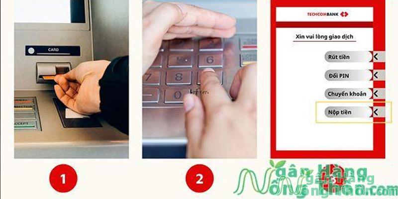 Đưa thẻ ATM Techombank vào khe > Chọn ngôn ngữ > Nhập mã PIN > Chọn Rút tiền