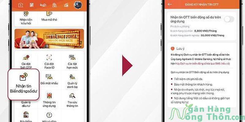 Nhấn Nhận tin biến động số dư > Gạt nút Nhận tin OTT biến động số dư trên ứng dụng