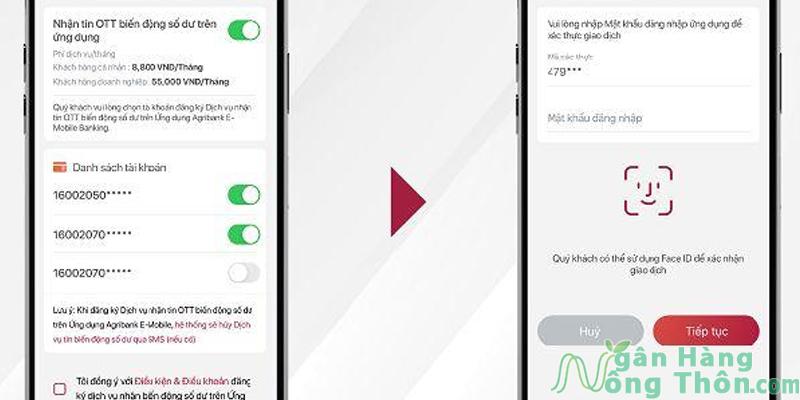 Chọn tài khoản muốn nhận tin OTT > Nhập Mật khẩu/ vân tay/ Face ID để xác nhận giao dịch