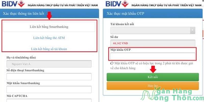 Xác thực thông tin liên kết > Nhập mã OTP và nhấn Kết nối