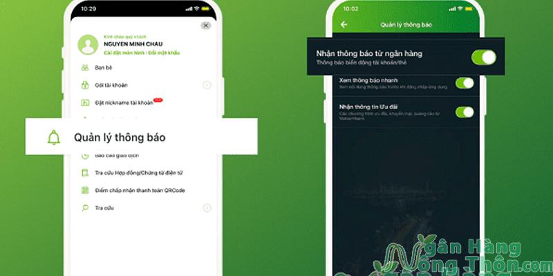 Vào mục Quản lý thông báo > Bật ON tại Nhận thông báo từ ngân hàng