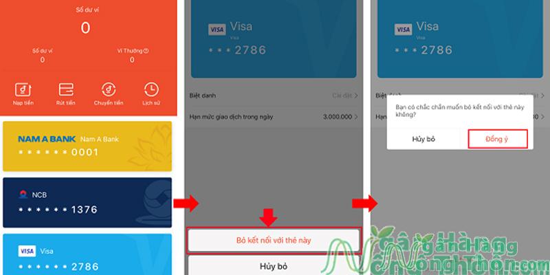 Chọn Tài khoản ngân hàng muốn huỷ liên kết > Nhấn Bỏ kết nối với thẻ này > Nhấn nút Đồng ý