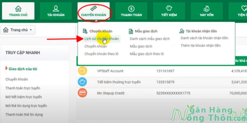 Chọn Chuyển khoản > Ấn Lịch sử chuyển khoản