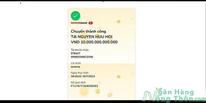 Hình ảnh bill chuyển tiền Techcombank trên app/web