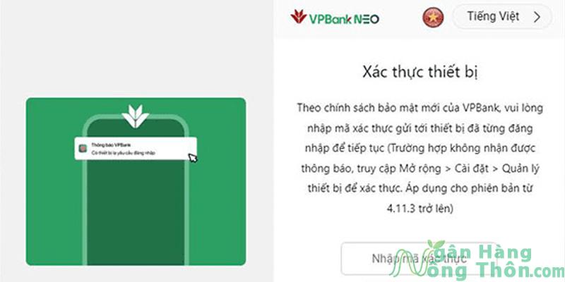 Nhập mã xác thực từ điện thoại trên app VPBank NEO