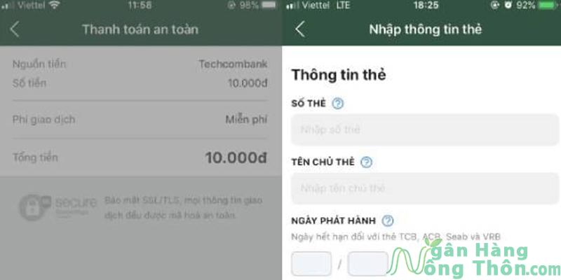 Xác nhận thông tin > Điền thông tin thẻ: Số thẻ, tên chủ thẻ và ngày phát hành thẻ > Nhấn Tiếp tục