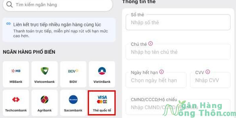 Sử dụng thẻ Visa Quốc tế liên kết MoMo, chỉ cần điền các thông tin như: Số thẻ, tên chủ thẻ, ngày hết hạn thẻ, nhập CVV, số CCCD/CMND/Hộ chiếu