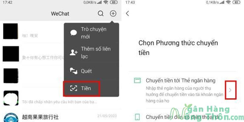 Tại giao diện chính, chọn biểu tượng (+) bên cạnh thanh tìm kiếm > Chọn Tiền > Chọn Transfer to Bank Card/Mobile No > Chọn phương thức chuyển tiền: Chuyển tiền đến thẻ ngân hàng