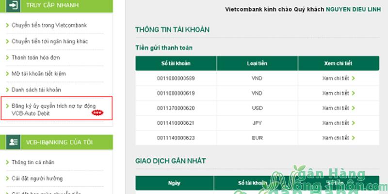 Tại Truy cập nhanh > Nhấn mục Dịch vụ uỷ quyền trích nợ tự động