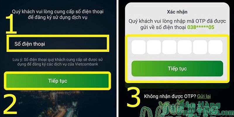 Nhập Số điện thoại > Nhấn Tiếp tục > Xác thực Mã OTP