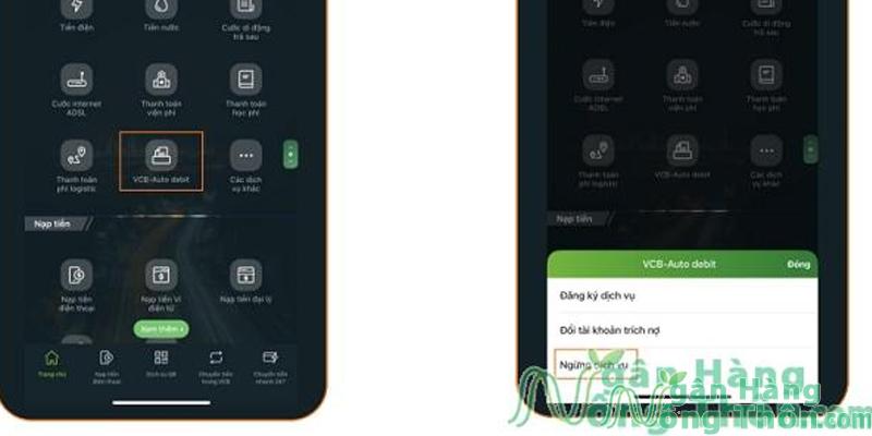 Chọn tính năng VCB - Auto Debit > Chọn Ngừng dịch vụ