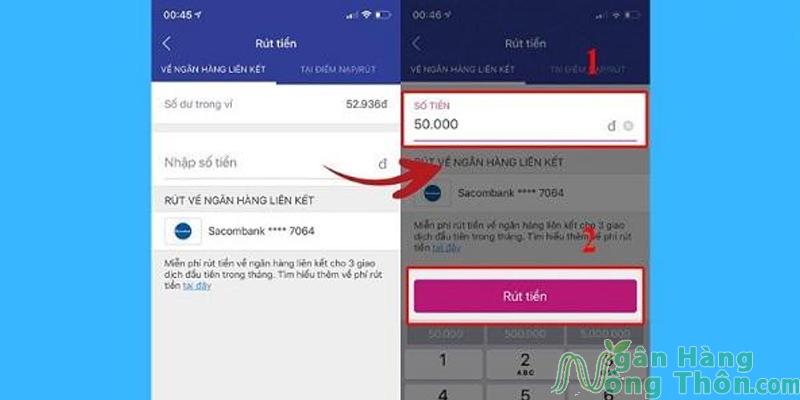 Nhập vào số tiền cần rút > Nhấn Rút tiền