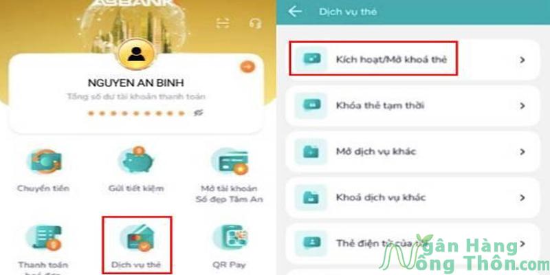 Tại giao diện chính, chọn Dịch vụ thẻ > Chọn Kích hoạt/Mở khoá thẻ