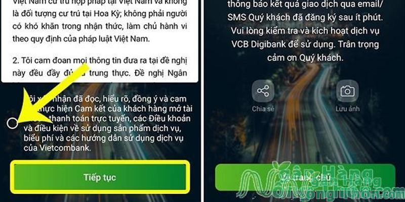 Tick chọn Tôi xác nhận đã đọc, hiểu rõ... > Nhấn Tiếp tục để hoàn tất đăng ký