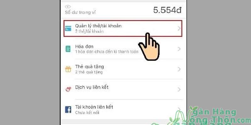 Tiếp tục nhấp Quản lý thẻ/ tài khoản