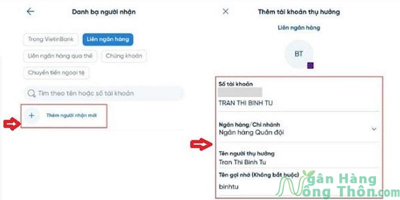 Nhấn Thêm người nhận mới > Thêm thông tin người nhận vào giao diện