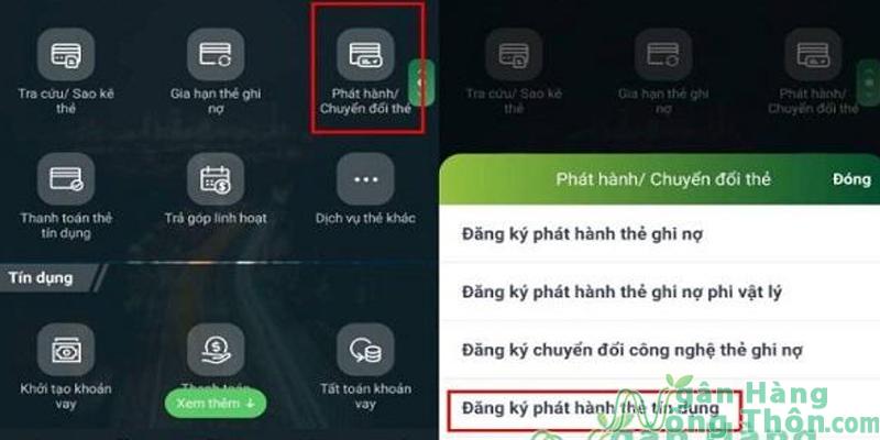 Tại Dịch vụ thẻ, chọn Phát hành/ Chuyển đổi thẻ > Chọn Đăng ký phát hành thẻ tín dụng