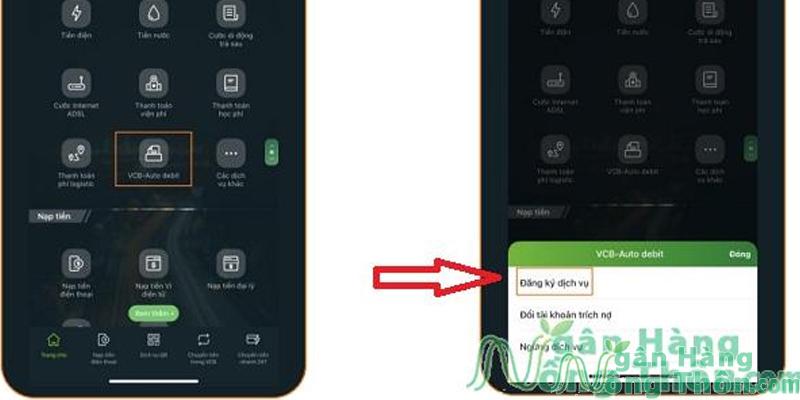 Chọn mục VCB - Auto Debit > Chọn Đăng ký dịch vụ