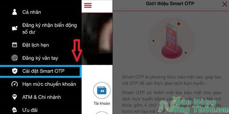 Nhấn chọn biểu tượng 03 dấu gạch ngang > Chọn Cài đặt Smart OTP