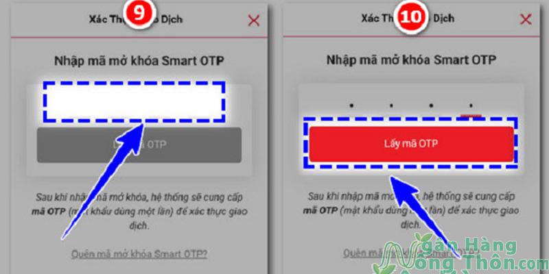 Nhập chính xác Mã mở khóa Smart OTP >  sau đó click Lấy mã OTP