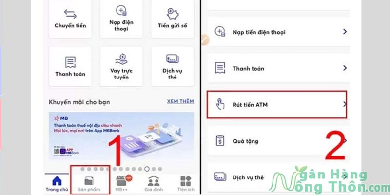 Vào mục Sản phẩm > Chọn Rút tiền ATM