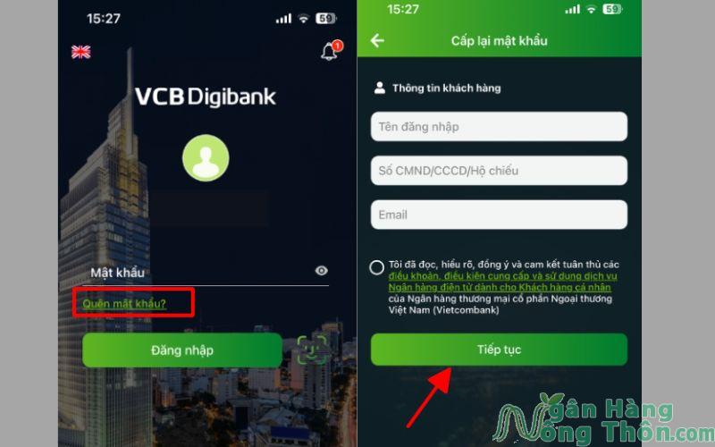 cách lấy lại mật khẩu vcb digibank trên app