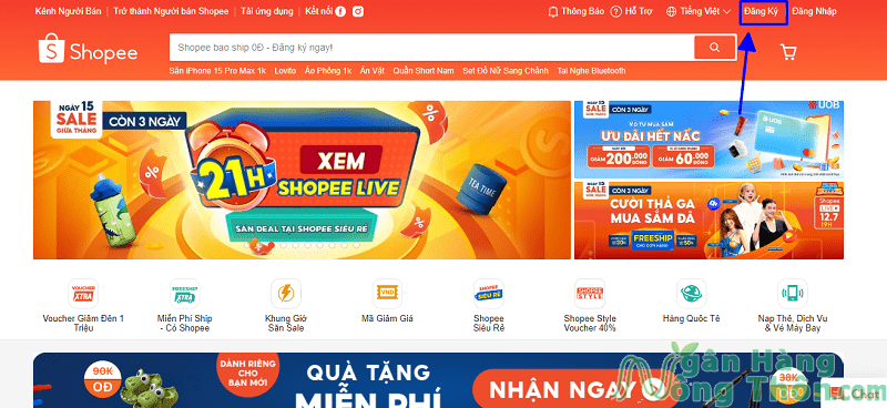 Truy cập địa chỉ website Shopee > Chọn Đăng ký