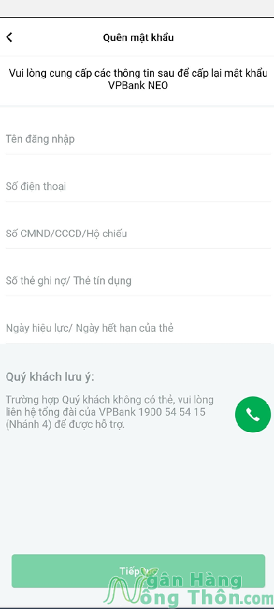 Cách lấy lại mật khẩu qua ứng dụng VPBank NEO