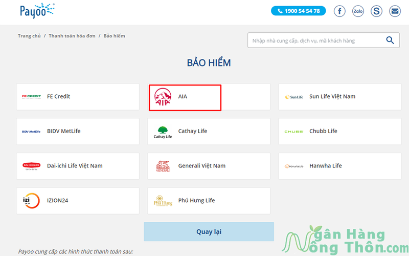 AIA thanh toán trực tuyến qua Payoo