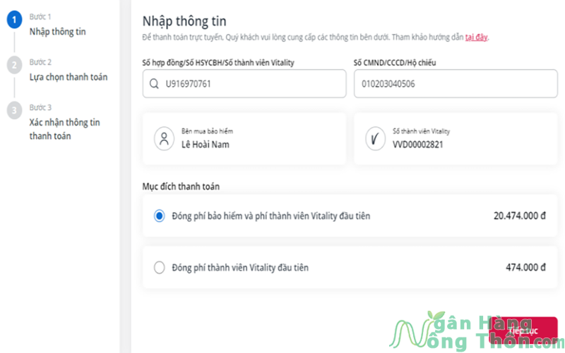 AIA thanh toán trực tuyến qua website AIA > Nhập các thông tin yêu cầu